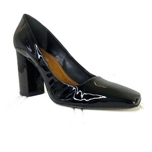 L’INTERVALLE BLACK PUMPS BLACK HEEL SQUARE TOE HEEL PATENT LEATHER BLOCK HEELS 9